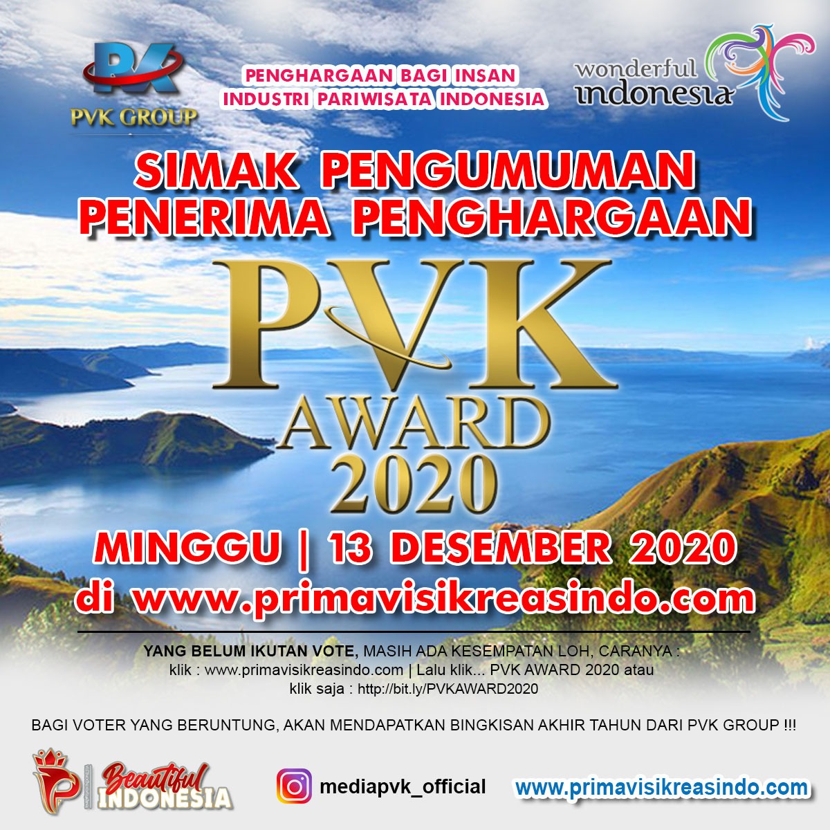 Pariwisata Indonesia, Berita Pariwisata Indonesia, Bali Destinasi Dunia Terfavorit Tahun 2020, Berita Presiden Joko Widodo, Berita PVK Award 2020, Indonesia Maju, Media Online Pariwisata Indonesia Terfavorit 2020, Media PVK Grup, PT Prima Visi Kreasindo, PVK Award, PVK Award 2020, Situs Pariwisata Indonesia, Situs Pariwisata Indonesia Terfavorit 2020, Umi Kalsum Founder PVK Grup dan CEO Media PVK Grup, Website Pariwisata Indonesia Terfavorit 2020, Ketua Pelaksana PVK Award 2020